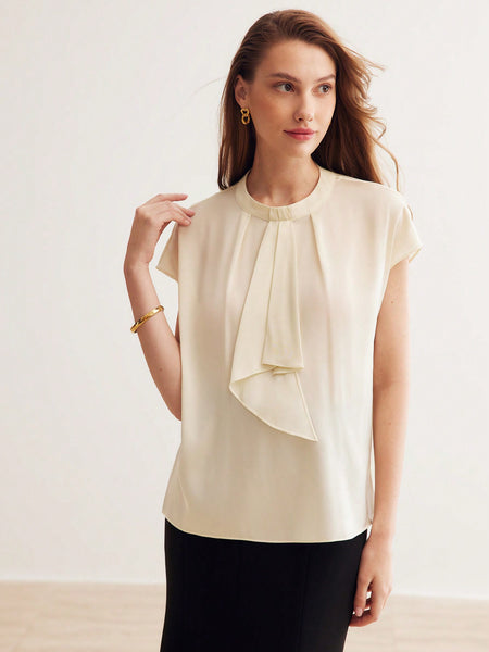 SILK BATWING SLEEVE DRAPED FRONT FOLD PLEATED BLOUSE