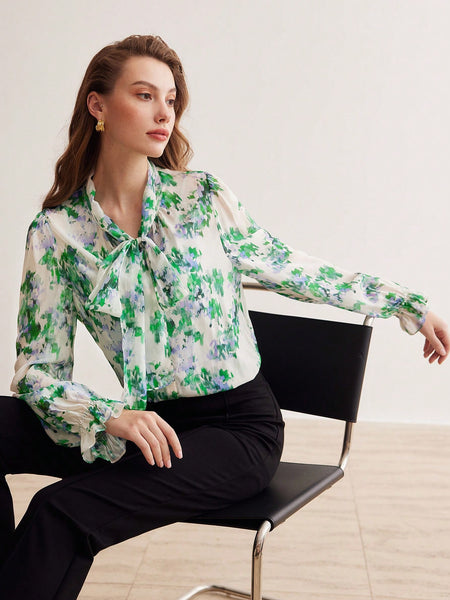 SILK ALLOVER FLORAL PRINT TIE NECK FLARE SLEEVE BLOUSE