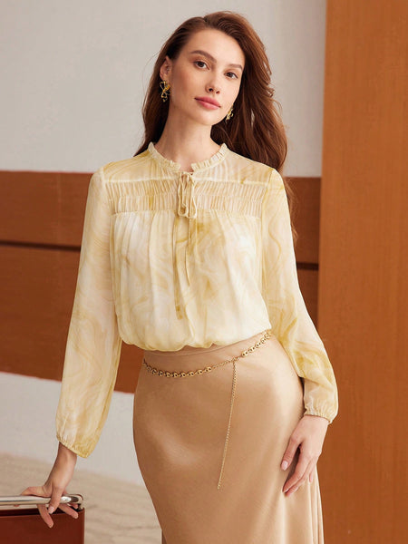 SILK FRILL TRIM TIE NECK RUCHED PANEL BLOUSE