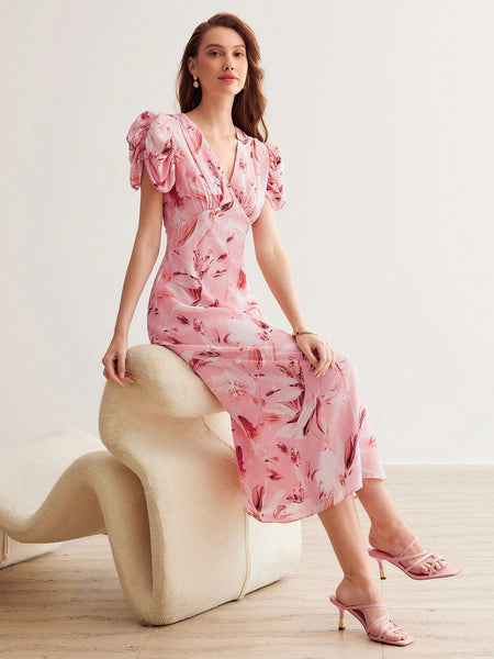 SILK ALLOVER PRINT V-NECK RUCHED PUFF SLEEVE DRESS