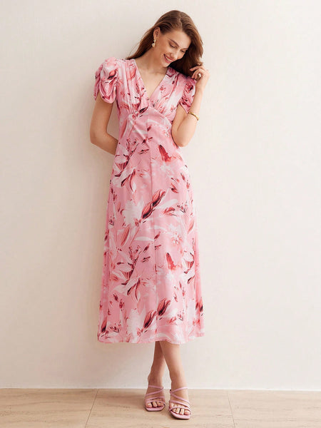 SILK ALLOVER PRINT V-NECK RUCHED PUFF SLEEVE DRESS