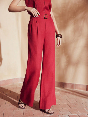 PURE LINEN SOLID FOLD PLEATED BUCKLE BELTED FLARE LEG SUIT PANTS