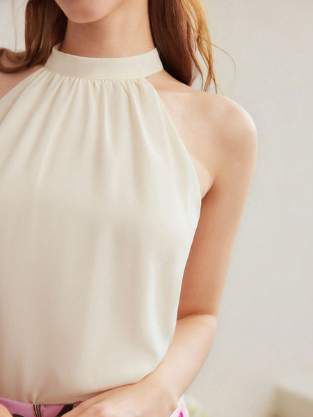 SILK SOLID FOLD PLEATED HALTER NECK BLOUSE