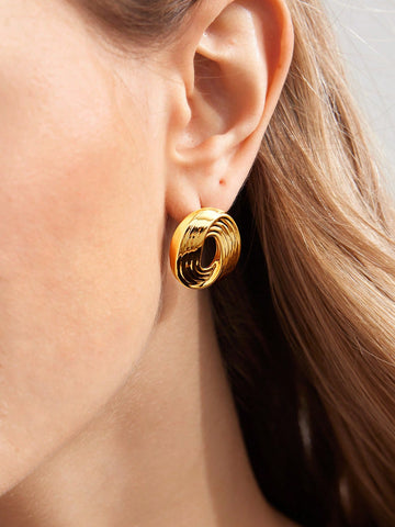 GOLD PLATED IRREGULAR GROOVE HOLLOW OUT STUD EARRINGS