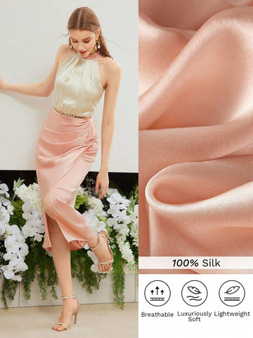 SILK TWO TONE WRAP RUCHED HALTER NECK DRESS