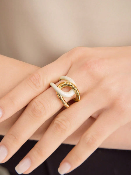 GOLD-TONE PLATED WHITE DRIP ENAMEL SPIRAL RING