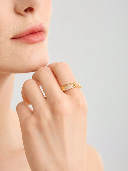 GOLD-PLATED CROSSED MICRO PAVE CZ RING