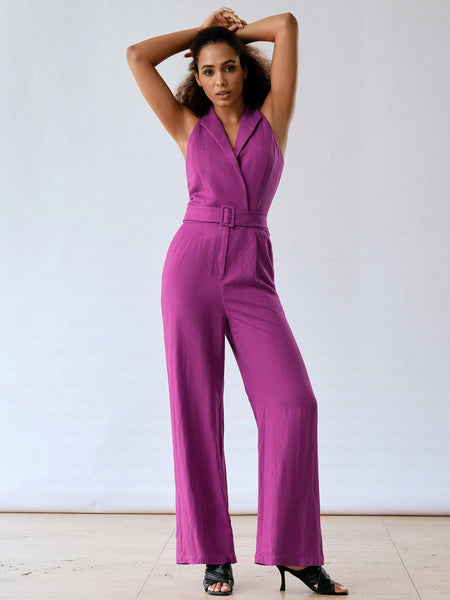 LINEN SHAWL COLLAR BUCKLE BELTED JUMPSUIT