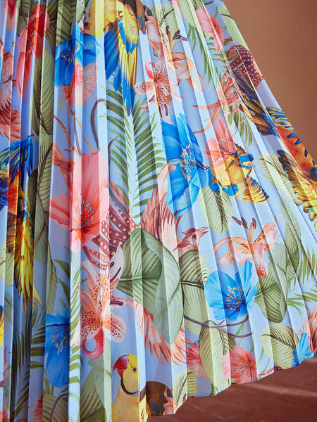 TROPICAL AND PARROT PRINT PLEATED SKIRT