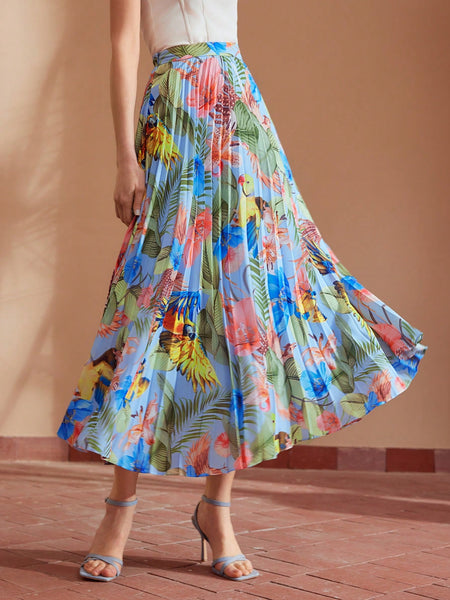 TROPICAL AND PARROT PRINT PLEATED SKIRT