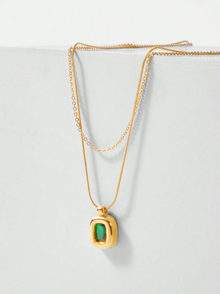 GOLD-PLATED SQUARE SHAPED GREEN CUBIC ZIRCONIA PENDANT NECKLACE