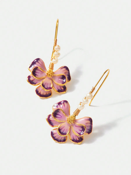 FRENCH ROMANTIC VACATION STYLE GOLD PLATED COPPER ENAMEL COLORFUL FLOWER & NATURAL PEARL WOMEN'S DANGLE EARRINGS