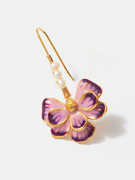 FRENCH ROMANTIC VACATION STYLE GOLD PLATED COPPER ENAMEL COLORFUL FLOWER & NATURAL PEARL WOMEN'S DANGLE EARRINGS