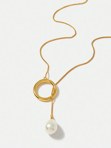 GOLD-PLATED ROUND PENDANT FAUX PEARL LONG NECKLACE