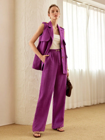 SOLID METAL BUTTON FOLD PLEATED WIDE LEG SUIT PANTS