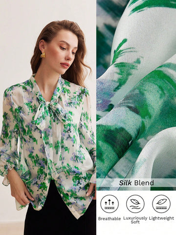 SILK ALLOVER FLORAL PRINT TIE NECK FLARE SLEEVE BLOUSE