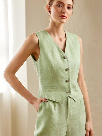 SOLID V-NECK BUTTON PLACKET WAISTCOAT