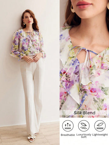 SILK FLORAL PRINT TIE FRONT FLARE SLEEVE RUFFLE TRIM BLOUSE