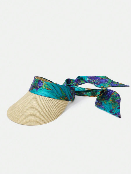 1PC WOMEN'S VINTAGE PRINTED RIBBON BOWKNOT STRAW HAT, SUITABLE FOR VACATION