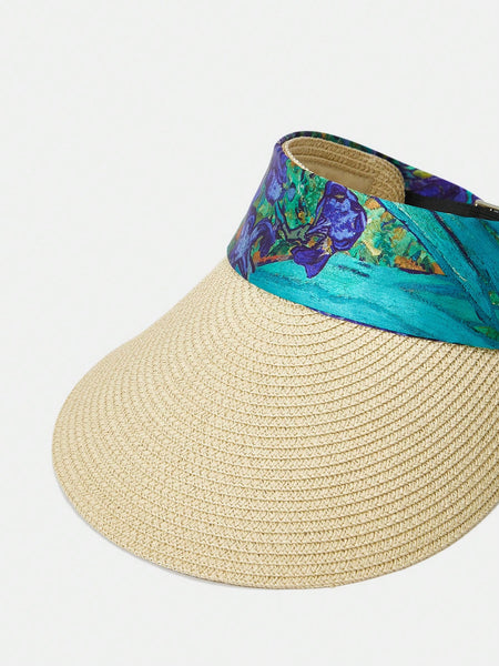 1PC WOMEN'S VINTAGE PRINTED RIBBON BOWKNOT STRAW HAT, SUITABLE FOR VACATION