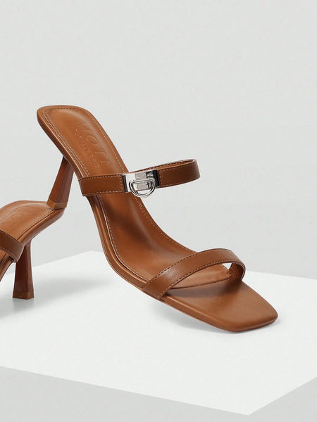 D-RING DETAIL SQUARE TOE MULE HEELED SANDALS