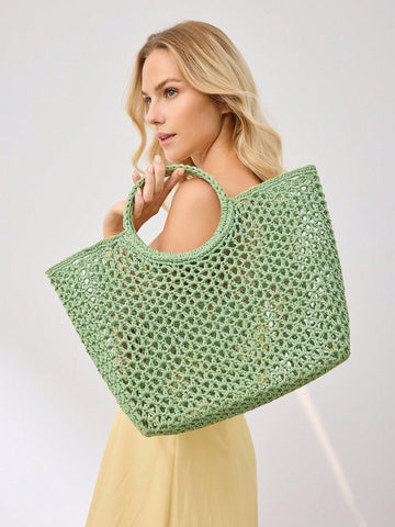 WOMEN'S SOLID COLOR HOLLOW OUT WOVEN TOTE BAG