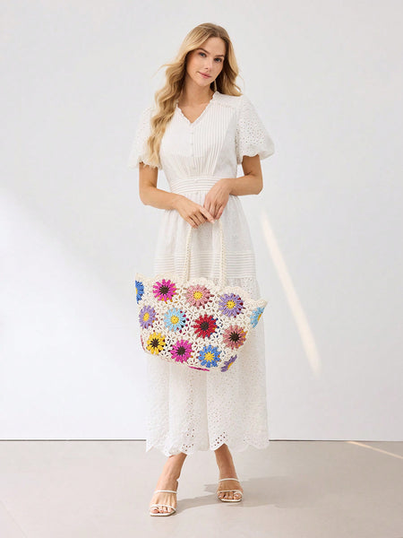 HANDMADE KNITTED BAG WITH HOLLOW FLORAL PATTERN