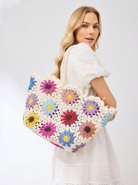 HANDMADE KNITTED BAG WITH HOLLOW FLORAL PATTERN