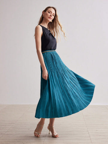 SOLID ELASTIC WAIST PLISSE LONG SKIRT WITHOUT CHAIN