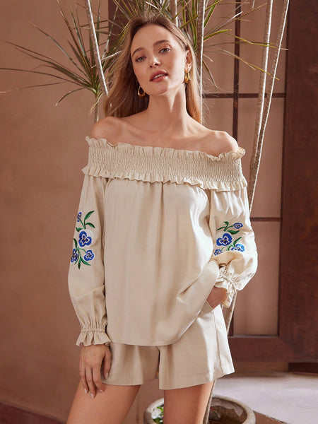 EMBROIDERY FLORAL PATTERN SHIRRED OFF SHOULDER FLARE SLEEVE TOP