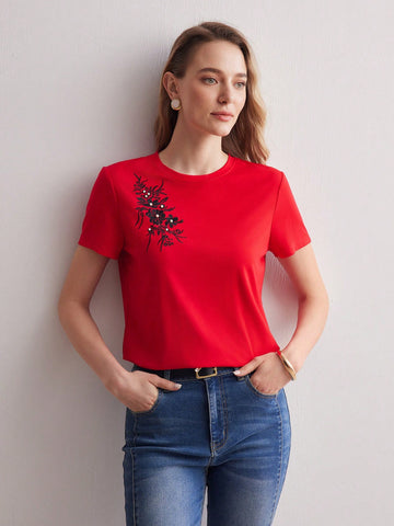 FAUX PEARL EMBROIDERY FLORAL PATTERN TEE