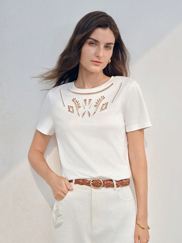 SOLID EMBROIDERY LASER CUT TEE