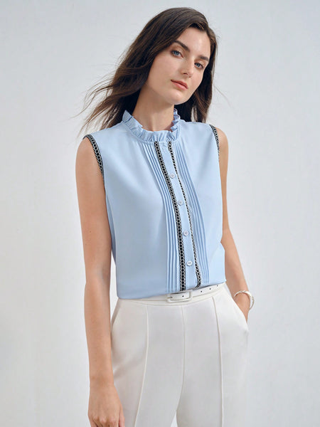 FRILL MOCK NECK CONTRAST TAPE DETAIL FOLD PLEATED BLOUSE