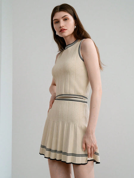 CONTRAST STRIPED TRIM POINTELLE KNIT TANK TOP & PLEATED SKIRT SET