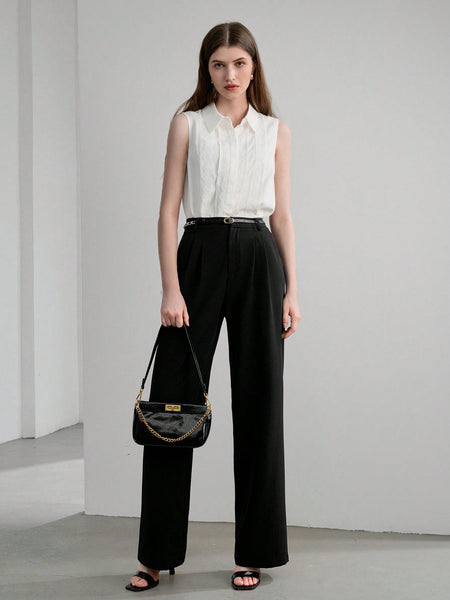 SOLID FOLD PLEATED WIDE LEG SUIT PANTS
