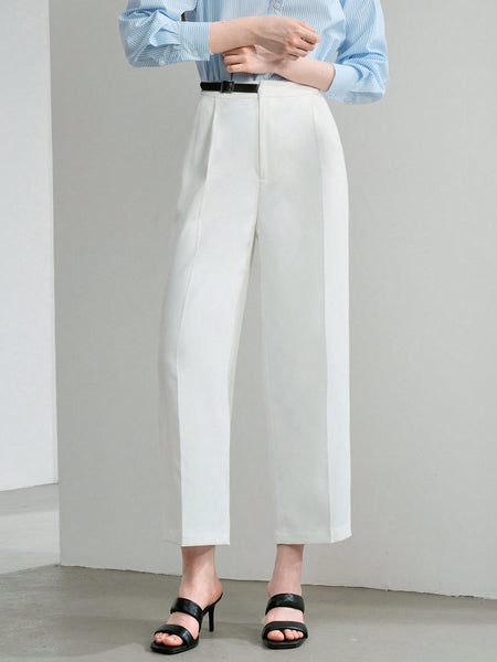 CONTRAST BUCKLE DETAIL FOLD PLEATED STRAIGHT SUIT PANTS
