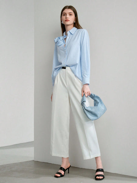 CONTRAST BUCKLE DETAIL FOLD PLEATED STRAIGHT SUIT PANTS