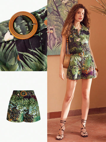 PLANTS PRINT BUCKLE BELTED SHORTS