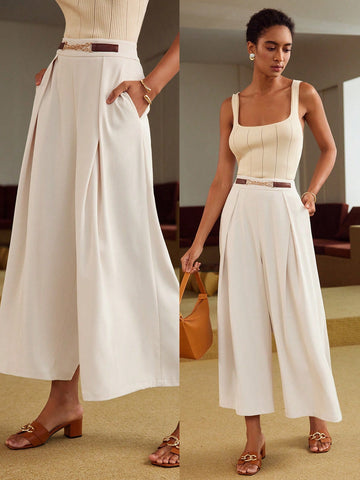 SOLID CONTRAST CHAIN WAIST FOLD PLEATED WIDE LEG SUIT PANTS