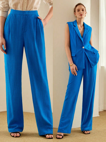 SOLID ZIPPER FLY FOLD PLEATED STRAIGHT LEG SUIT PANTS