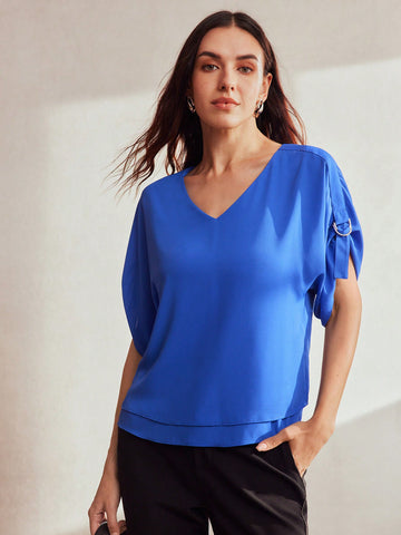 SOLID V-NECK D-RING DETAIL BATWING SLEEVE BLOUSE
