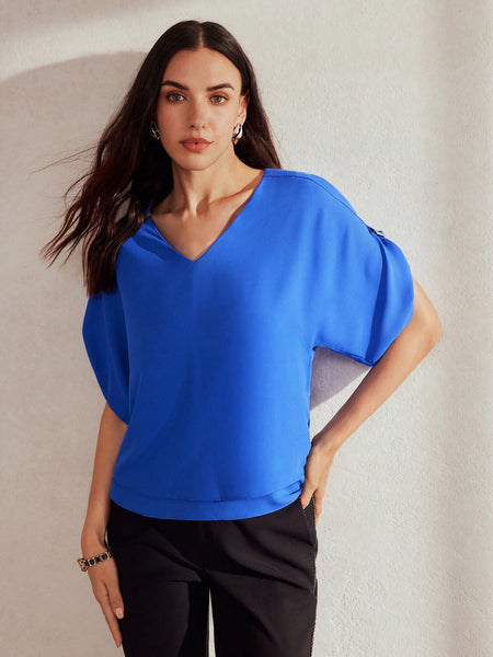MOTF Classy SOLID V-NECK D-RING DETAIL BATWING SLEEVE BLOUSE