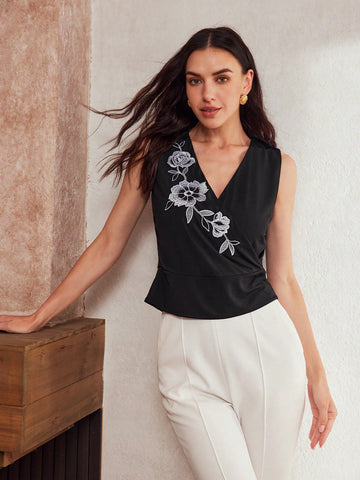 EMBROIDERY FLORAL PATTERN SURPLICE NECK TANK TOP