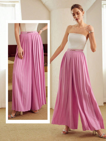 SOLID PLEATED WIDE LEG PANTS