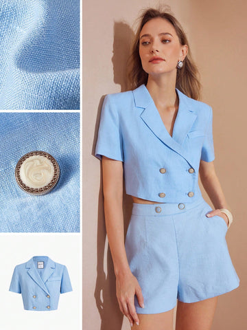 SOLID LAPEL COLLAR DOUBLE BREASTED PLACKET CROP BLAZER