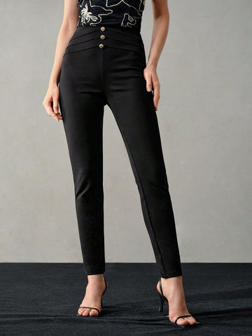 SOLID GOLD BUTTON DETAIL SKINNY PANTS FOR SUMMER