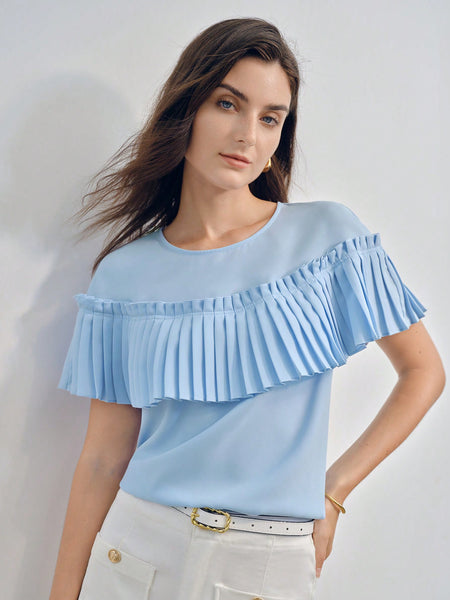 SOLID PLEATED RUFFLE TRIM BLOUSE