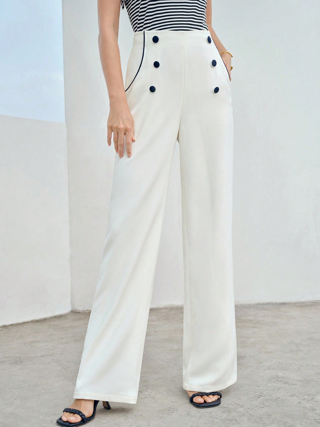 SOLID CONTRAST PIPING BUTTON DETAIL SUIT PANTS