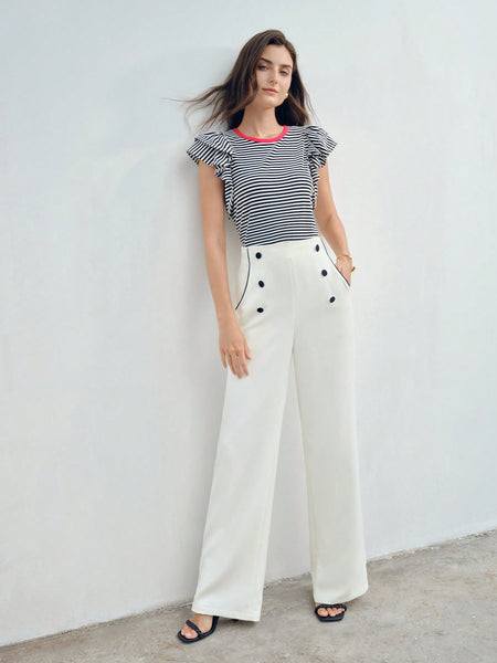 SOLID CONTRAST PIPING BUTTON DETAIL SUIT PANTS