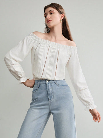 SOLID OFF SHOULDER FLARE SLEEVE LACE INSERT BLOUSE